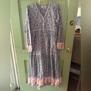 Vintage Ibiza Maxi Dress Size-M Multicolor White/blue 100% Cotton